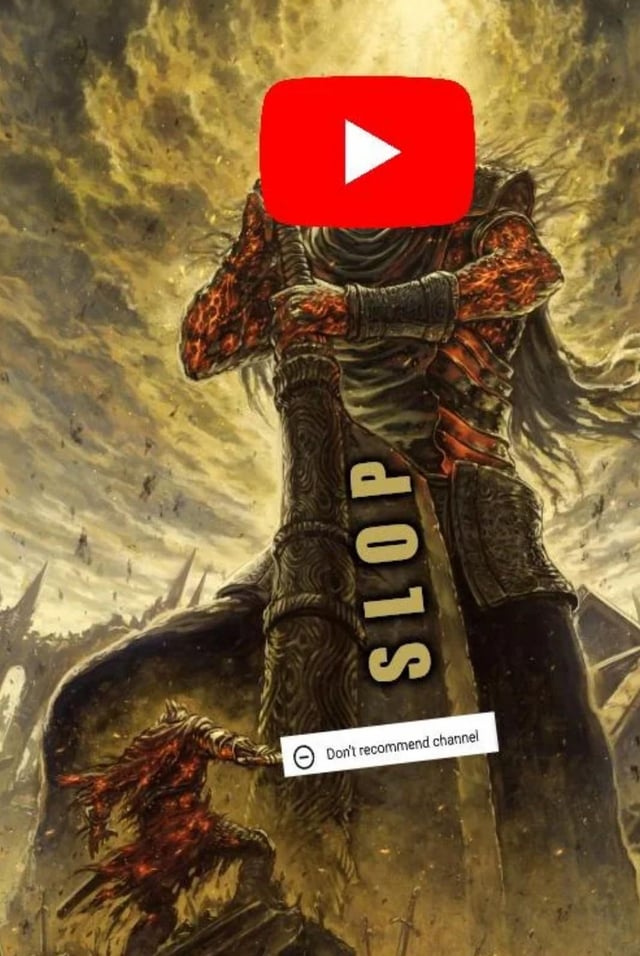 This edited meme depicts a scene from Dark Souls 3's Slave Knight Gael boss fight, where a giant enemy towers over a small player character. The giant's head is replaced with the YouTube logo, and its massive sword has the word 'SLOP' written vertically down the blade, referring to the low-quality, repetitive, unoriginal content frequently pushed by YouTube's recommendation algorithm. The player character at the bottom is shown attempting to use the 'Don't recommend channel' option against the giant, representing the relatable, futile feeling of fighting against YouTube's algorithm to avoid being fed endless low-quality content when scrolling the platform.
