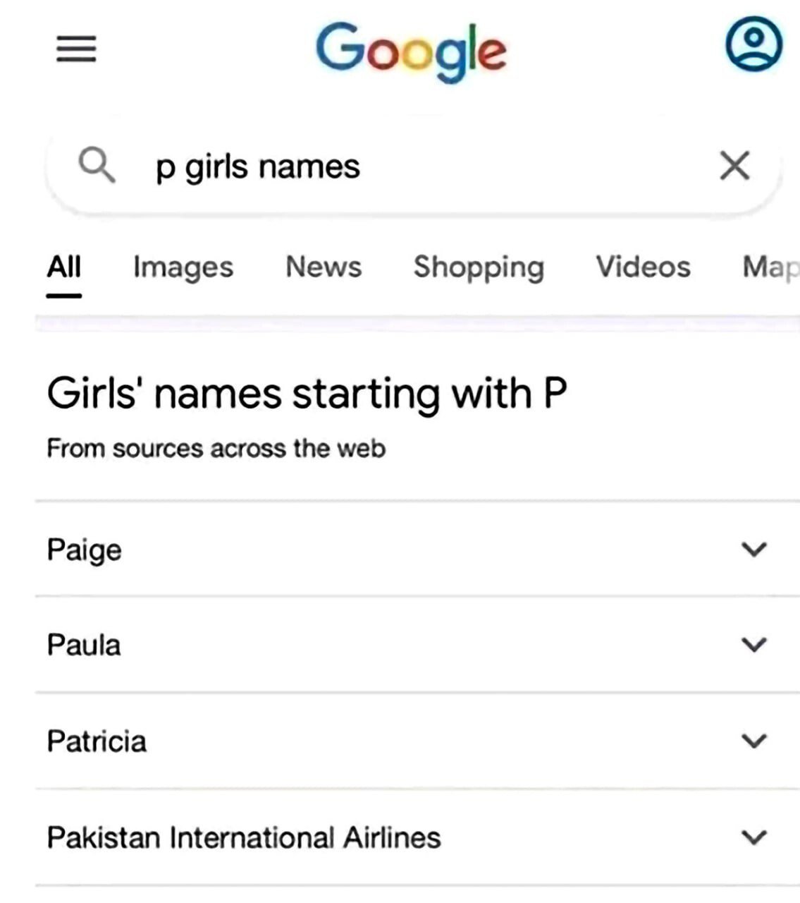 A screenshot of a Google search results page for the query 'p girls names'. The page displays the Google logo at the top, a search bar with the query, and tabs for 'All', 'Images', 'News', etc. Below, the results are titled 'Girls' names starting with P' and list typical names: Paige, Paula, Patricia. However, the final entry humorously includes 'Pakistan International Airlines' (a commercial airline), creating an absurd contrast that forms the meme's joke.