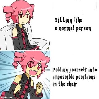 This is a two-panel relatable meme featuring the popular UTAU fanmade character Kasane Teto. The first panel shows Teto sitting on a couch in a standard, socially expected sitting position with a bored, uninterested neutral expression, paired with the text 'Sitting like a normal person'. The second panel shows Teto with an overjoyed, excited expression, clenched fists, and dynamic speed line background to convey high enthusiasm, paired with the text 'Folding yourself into impossible positions in the chair'. The meme jokes about the extremely common, widely relatable experience where people find awkward, contorted, non-standard sitting positions far more comfortable and satisfying than sitting properly as is conventionally expected.