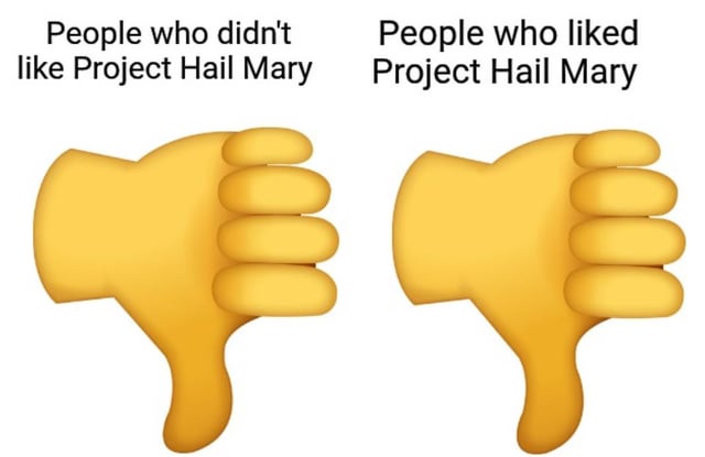 This ironic comparison meme splits readers of the popular sci-fi novel *Project Hail Mary* into two camps: people who did not enjoy the book, and people who did like it. It shows a thumbs-down emoji next to both groups, creating a joke that even fans of the book agree it has significant flaws, leading to a shared negative assessment of at least part of the book regardless of overall opinion.