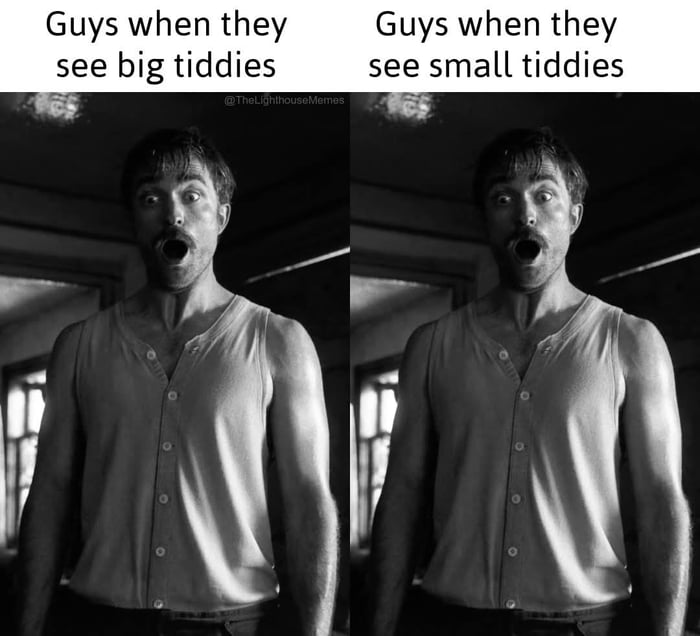 This is a two-panel side-by-side reaction meme that uses the famous shocked still of Robert Pattinson from the 2019 film *The Lighthouse*. The left panel is captioned 'Guys when they see big tiddies' and the right panel is captioned 'Guys when they see small tiddies' — both panels show the exact same shocked, overjoyed surprised expression from Pattinson. The joke is that men are equally attracted and excited by any breast size, regardless of common discourse about breast size preferences.