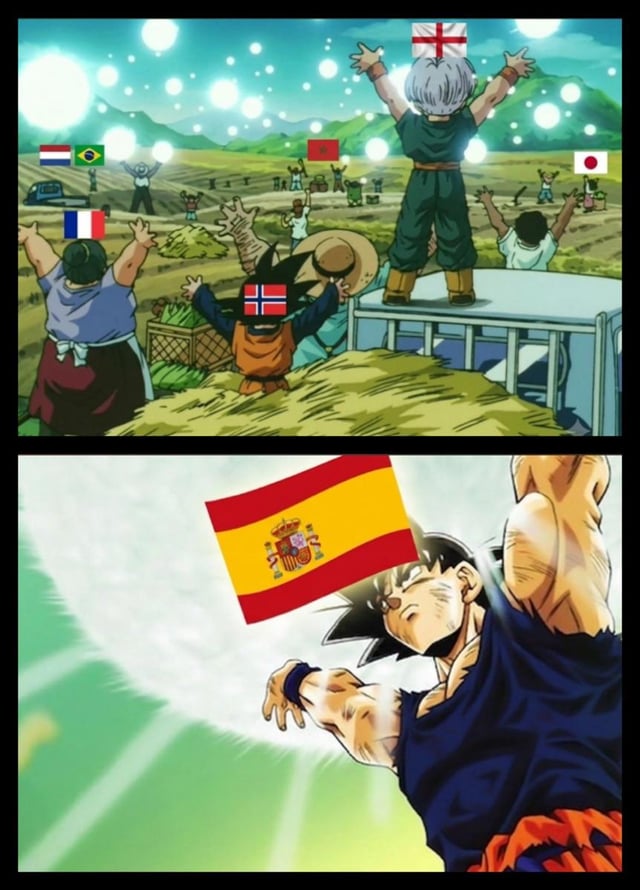 This is a two-panel edited meme repurposing the iconic Spirit Bomb energy-gathering scene from the Dragon Ball Z anime. In the top panel, multiple background characters and young Trunks and Goten are shown raising their hands to contribute energy, with national flags of countries including England, Norway, France, the Netherlands, Brazil, Morocco, and Japan overlaid on characters or placed in the background to represent these nations participating. The bottom panel shows protagonist Son Goku preparing to launch the collected energy attack, with the national flag of Spain placed near him to frame Spain as the target of the combined attack. The meme plays on the joke title "All unite against evil", positioning Spain as a shared rival that all the other represented nations are uniting to defeat, almost always referencing international football/soccer rivalries from tournaments like the World Cup or European football competitions.