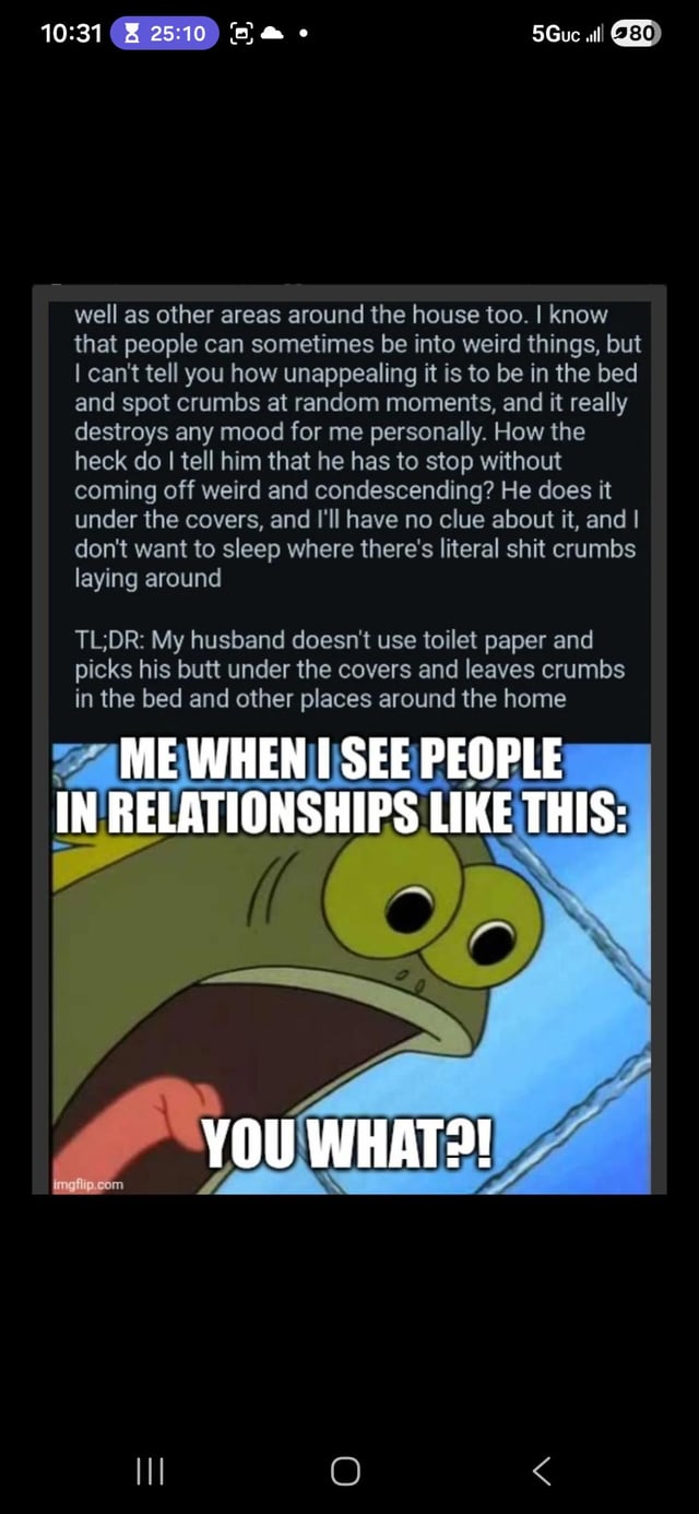 A meme combining a text post and a reaction image. The text post details a person's frustration with their husband who doesn't use toilet paper, picks his butt under the covers, and leaves crumbs in the bed and around the house, including a TL;DR summary. Below the text is a screenshot of a shocked green fish from the animated show SpongeBob SquarePants with the overlaid text 'ME WHEN I SEE PEOPLE IN RELATIONSHIPS LIKE THIS: YOU WHAT?!', expressing disbelief at the situation described in the text post.