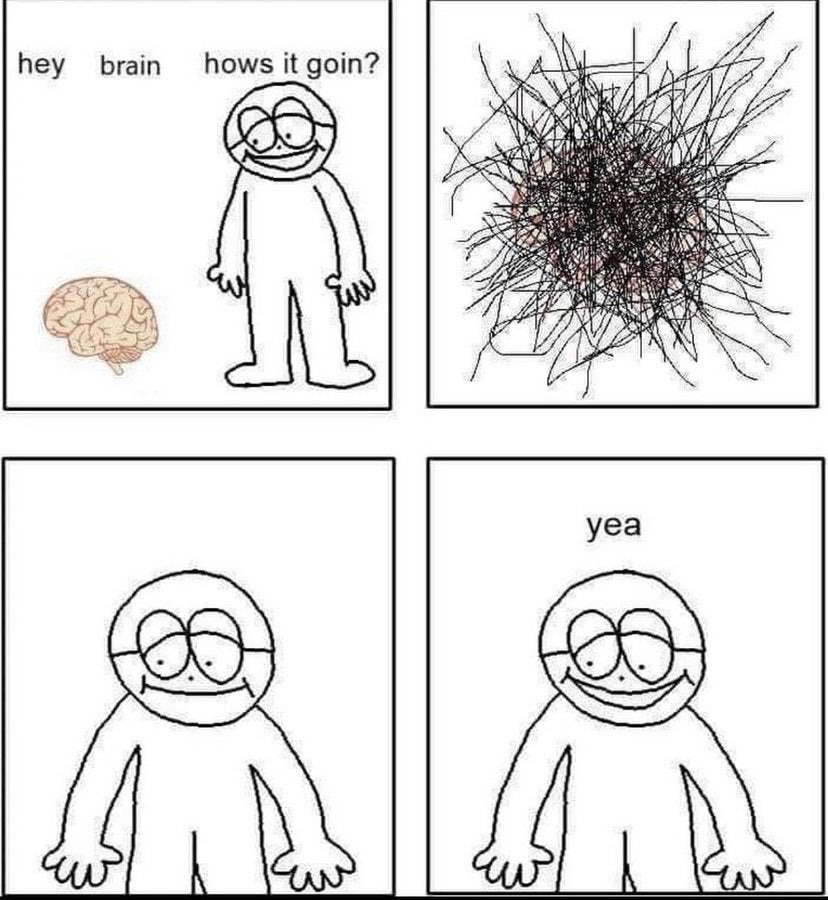 This is a 4-panel relatable meme. Panel 1 features a crudely drawn, smiling stick figure with large round glasses standing next to an illustrated human brain, with the text 'hey brain hows it goin?' above, showing the person checking in on their own mental state. Panel 2 shows the brain completely covered by a dense, messy tangle of chaotic black scribbles, visually representing that the brain is overwhelmed, burnt out, disorganized, and not functioning properly. Panel 3 shows the same smiling stick figure waiting silently with no text. Panel 4 shows the stick figure still smiling, with the short text 'yea' above, implying that the completely disorganized brain gave a casual, unconcerned confirmation that everything is fine, despite the obvious chaos. The joke resonates with audiences who experience high stress, burnout, or mental disarray but habitually respond that they are okay when asked how they are doing.