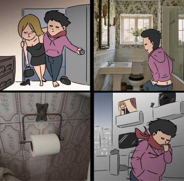 This is a 4-panel comedic meme. Panel 1 shows a young man in a purple hoodie happily carrying an intoxicated blonde woman in a black dress into his apartment, implying a planned romantic hookup. Panel 2 cuts to the man in his bathroom, pulling down his pants to use the toilet. Panel 3 is a closeup shot of an empty toilet paper roll on the bathroom holder, revealing there is no toilet paper available. Panel 4 shows the man awkwardly leaving his apartment, covering his mouth in embarrassment, abandoning the woman waiting inside his home so he can go get toilet paper, completely ruining the romantic mood he had set up. The core joke revolves around the relatable experience of a tiny, trivial inconvenience derailing an otherwise ideal, expectedly positive situation.