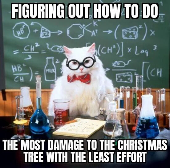 A humorous meme depicting a white cat dressed as a scientist, wearing round black glasses and a red bow tie, seated at a laboratory table. The table is cluttered with various glass beakers and flasks containing blue, red, and clear liquids. Behind the cat is a green chalkboard filled with nonsensical chemical formulas, doodles of a milk carton, and a mouse. The top text reads 'FIGURING OUT HOW TO DO' and the bottom text completes with 'THE MOST DAMAGE TO THE CHRISTMAS TREE WITH THE LEAST EFFORT,' creating a playful contrast between the cat's serious scientist appearance and its mischievous goal of efficiently destroying a Christmas tree.