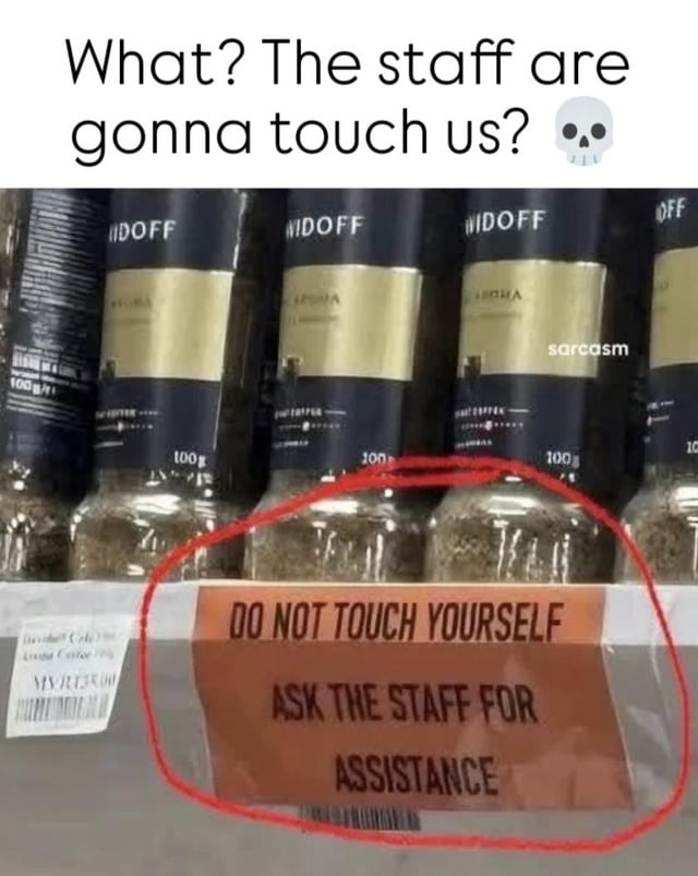 This meme shows a photo of a retail store shelf stocked with glass spice bottles. A red circle is drawn around a poorly worded brown sign placed below the products, which reads 'DO NOT TOUCH YOURSELF / ASK THE STAFF FOR / ASSISTANCE'. The intended meaning of the sign is to instruct customers not to handle the products themselves and to request help from staff, but the missing object reference creates an accidental lewd double meaning: the phrasing sounds like it is telling people not to masturbate, and to ask staff to assist with that instead. Added text at the top of the meme reacts to this awkward interpretation, reading 'What? The staff are gonna touch us? 💀' to emphasize the joke. A small 'sarcasm' watermark is visible on the right side of the spice bottle row.