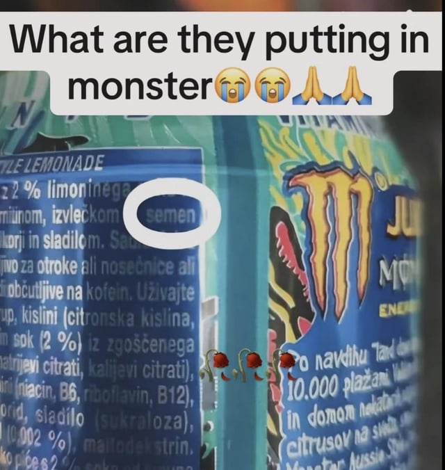 This meme features a close-up of a Juice Monster (Lemonade variant) energy drink can, with a text overlay at the top reading: "What are they putting in monster 😭😭🙏🙏". The core joke is a wordplay pun: the circled word "semen" on the can's ingredient list (written in a South Slavic language, likely Slovenian/Croatian) refers to plant seed (a common food ingredient), but in English, "semen" has a vulgar, sexual connotation. The meme uses this cross-language similarity to create a misleading, shocking visual joke, implying the energy drink contains an inappropriate, non-food ingredient. Small rose emojis are added at the bottom of the can image for extra comedic emphasis. The humor comes from the double meaning of the word, tricking viewers into thinking the drink has a scandalous ingredient.