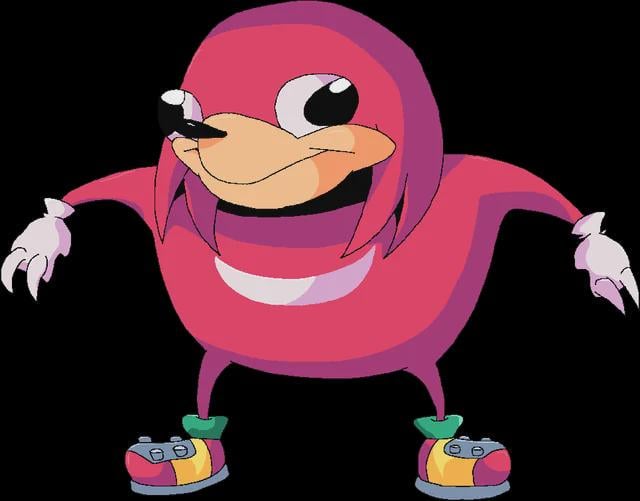 A digitally illustrated meme image featuring a distorted, anthropomorphic character resembling a pink, round-bodied version of Knuckles from the Sonic the Hedgehog franchise. The character has large round eyes with small pupils, a wide toothy grin, white gloves with claw-like fingers, and colorful sneakers (purple, pink, yellow, and green accents). It stands with arms slightly outstretched against a solid black background, exuding a playful or mischievous demeanor. The exaggerated, meme-friendly design suggests it is intended for humorous use in meme culture, tied to the theme 'THE GREAT MEME RESET'.