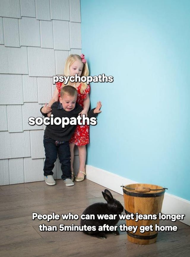 The meme features a photograph of two young children standing in a corner with light blue walls and white paneling. A blonde girl in a red floral dress with a pink bow stands behind a younger boy in a dark sweater and jeans, who appears to be crying. The girl has her arms around the boy, creating a playful or teasing dynamic. To their right on the wooden floor sits a black rabbit next to a small wooden bucket. Text overlays label the girl 'psychopaths' and the boy 'sociopaths,' while the bottom text reads: 'People who can wear wet jeans longer than 5minutes after they get home.' The humor stems from夸张ly equating the discomfort of wearing wet jeans (a relatable everyday annoyance) to the perceived intensity of psychopathic or sociopathic traits, creating a sarcastic and funny comparison.