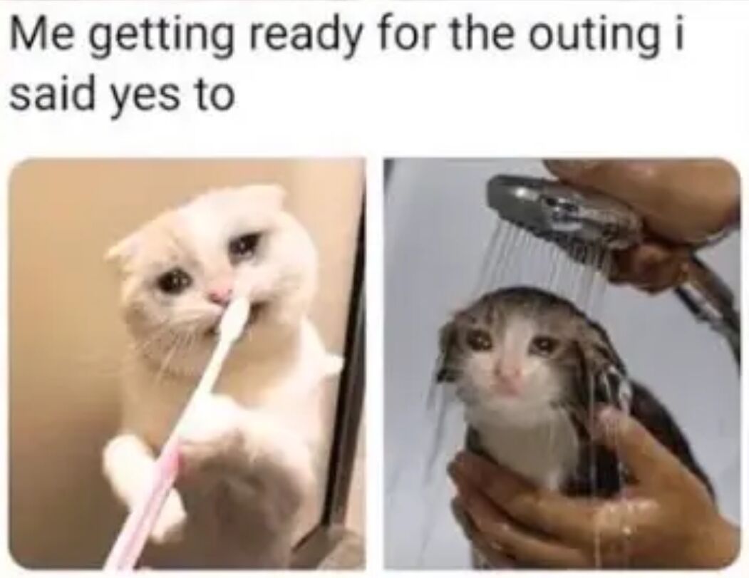 This is a two-panel relatable meme. The top text reads "Me getting ready for the outing i said yes to". The left panel shows a white, unenthusiastic cat holding a toothbrush in its mouth, representing the initial, unmotivated stage of preparing to go out. The right panel shows a wet, exhausted-looking cat being held under a running shower head, visually conveying the defeated, drained feeling many people experience when forcing themselves to prepare for a social plan they already agreed to attend, especially common for introverts or people who get tired easily from social activities.