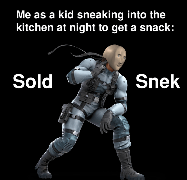 A meme featuring a 3D-rendered character in blue tactical armor, crouched in a stealthy pose against a plain black background. The top text reads 'Me as a kid sneaking into the kitchen at night to get a snack:', and the middle text humorously labels the character 'Solid Snek' (a playful misspelling of 'Solid Snake' from *Metal Gear Solid*). The image humorously compares the relatable childhood experience of sneaking snacks to the stealthy demeanor of the iconic video game character.
