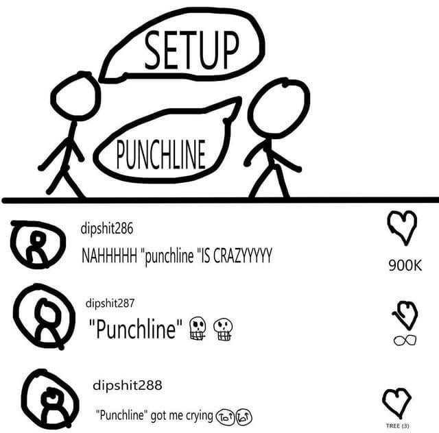 A simple black-and-white stick figure meme featuring two stick figures walking towards each other. The left stick figure has a speech bubble labeled 'SETUP', and the right stick figure has a speech bubble labeled 'PUNCHLINE'. Below the illustration are three user comments from accounts 'dipshit286', 'dipshit287', and 'dipshit288' reacting humorously to the 'punchline'. dipshit286 comments 'NAHHHHH "punchline" IS CRAZYYYY', dipshit287 comments '"Punchline"' followed by skull emojis, and dipshit288 comments '"Punchline" got me crying' with laughing emojis. Heart icons and a '900K' indicator (likely likes) are present next to the comments.