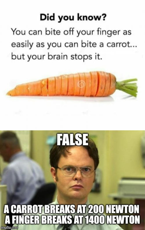 A two-panel meme designed to debunk a common misinformation about finger and carrot bite strength. The top panel features a sliced carrot with text presenting the myth: 'Did you know? You can bite off your finger as easily as you can bite a carrot... but your brain stops it.' The bottom panel uses a screenshot of Dwight Schrute from 'The Office (US)' with a large 'FALSE' text overlay, followed by factual information: 'A CARROT BREAKS AT 200 NEWTON A FINGER BREAKS AT 1400 NEWTON', clearly disproving the myth by comparing the force required to break each.
