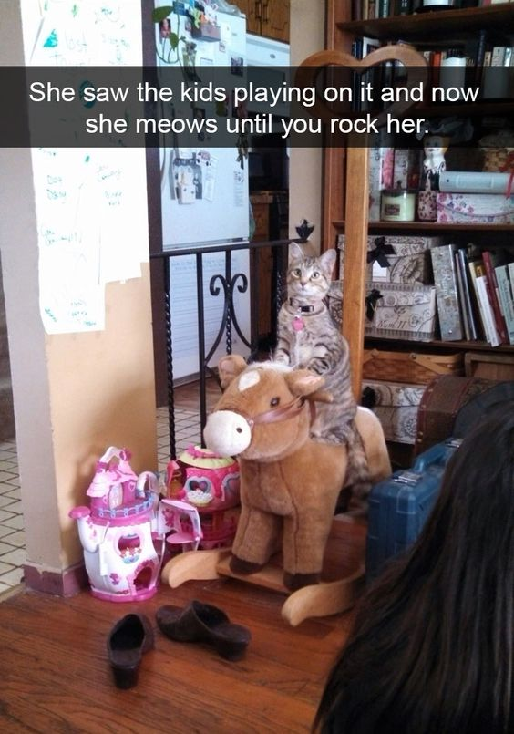 This is a cute wholesome photo of a domestic tabby cat sitting upright on a child's plush rocking horse inside a home. An overlaid text explains that the cat watched children playing on the rocking horse, and now she constantly meows until a human rocks her on it just like the kids. In the scene, small children's toys (including a pink teapot-shaped dollhouse) sit on the wood floor next to the rocking horse, with a pair of house slippers, a black wrought iron gate, a refrigerator, and a packed bookshelf in the background. The cat sits straight facing the camera, behaving just like a child wanting a turn on the toy.