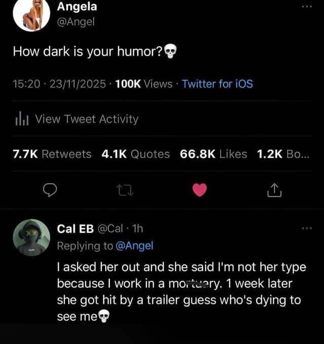 A screenshot of a Twitter/X thread featuring a dark humor exchange. The original tweet by Angela (@Angel) asks 'How dark is your humor?' with a skull emoji. A reply from Cal EB (@Cal) tells a dark joke: 'I asked her out and she said I'm not her type because I work in a mortuary. 1 week later she got hit by a trailer guess who's dying to see me' followed by a skull emoji. Engagement metrics show high interaction with 7.7K Retweets, 4.1K Quotes, 66.8K Likes, and 1.2K Bookmarks.