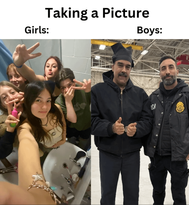 A side-by-side comparison meme titled 'Taking a Picture' contrasting how girls and boys are stereotypically portrayed taking photos. The left section labeled 'Girls:' shows a group of young women in a bathroom, playfully posing for a selfie with peace signs, a pink selfie stick, and mirrored reflections. The right section labeled 'Boys:' features two men in an industrial warehouse setting; one, referred to as 'El presidente,' wears a black outfit with a distinctive hat and gives a thumbs up, while the other stands beside him in a dark jacket with a patch. The meme humorously exaggerates gender-based differences in photography behavior.