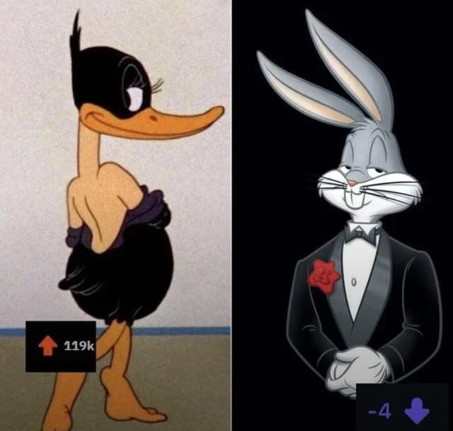 This is a two-panel comparative meme illustrating a satirical joke about gender disparities in social media engagement. The left panel shows a feminine-presenting Daffy Duck (Looney Tunes character presented as female) wearing a backless black dress and looking over her shoulder with a seductive expression, with a Reddit orange upvote icon below marked with 119k upvotes, representing posts associated with women. The right panel shows Bugs Bunny, another iconic Looney Tunes character, wearing a formal black tuxedo with a red rose lapel pin and a smug smirk, with a Reddit purple downvote icon below marked with -4 votes, representing posts associated with men. The meme plays on the common observation that posts featuring or about women often receive far more positive engagement than comparable posts featuring or about men on platforms like Reddit.