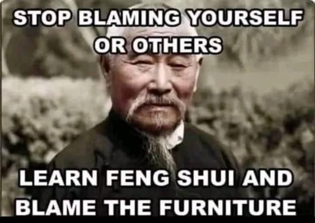This is a single panel meme featuring a vintage portrait of an elderly East Asian man with a long white goatee, dressed in traditional dark clothing, against a blurred natural outdoor background. Bold white text with black outlines is overlaid at the top and bottom of the image: the top text reads "STOP BLAMING YOURSELF OR OTHERS", and the bottom punchline text reads "LEARN FENG SHUI AND BLAME THE FURNITURE". The joke is a humorous, lighthearted twist on dealing with setbacks, playfully suggesting using feng shui as a low-stakes, silly alternative to assigning blame to oneself or other people by redirecting fault to inanimate furniture arrangement instead.