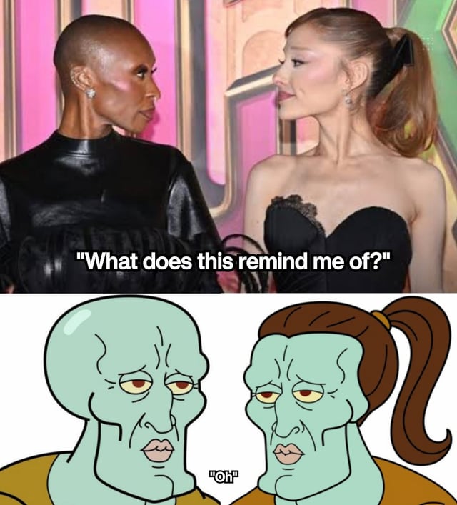 A two-panel meme. The top panel features two real individuals: one with a bald head wearing a black leather outfit and another with a ponytail in a black strapless dress, facing each other with the caption 'What does this remind me of?' The bottom panel is an animated scene from SpongeBob SquarePants showing Squidward Tentacles and a female squid-like character in similar poses, captioned 'Oh!', creating a humorous comparison implying the real people visually resemble the animated characters.