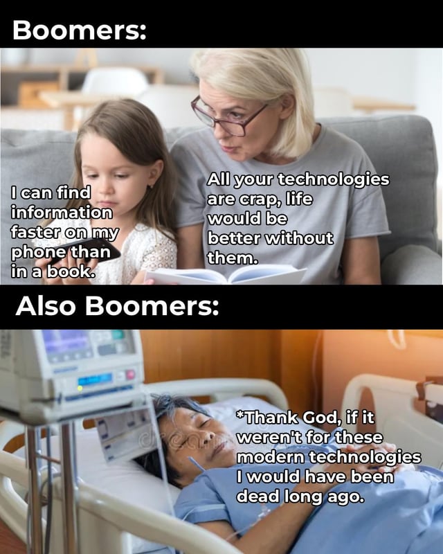 This is a two-panel meme that highlights the perceived common contradiction in Baby Boomers' attitude towards modern technology. The top panel shows a young girl holding a smartphone next to an older blonde woman holding an open book: the girl says she can find information faster on a phone than in a book, while the older woman claims all modern technologies are bad and life would be better without them. The bottom panel shows an elderly patient lying in a hospital bed connected to modern medical monitoring equipment, who thanks God that modern medical technology saved their life, pointing out the double standard of criticizing modern technology while relying on it for critical life-saving needs.