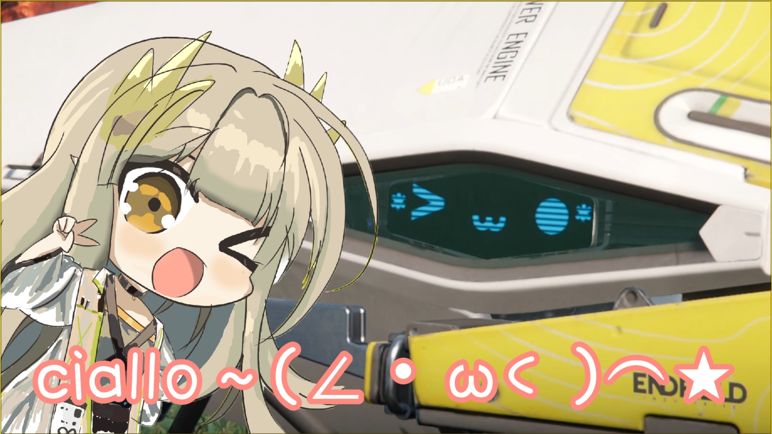 This image features a chibi-style illustration of a character from the visual novel *Senren Banka (千恋*万花)*, depicted with a playful, excited expression—one eye winked, mouth open in a cheerful shape, and waving one hand towards the viewer. Overlaid at the bottom is the iconic ACG greeting phrase 'ciallo～(∠・ω< )⌒★', a portmanteau of Italian 'Ciao' and English 'Hello' originating from Yuzusoft's *Witch's Night Party*. The background includes a sci-fi themed control panel with blue digital displays, adding a modern, lighthearted contrast to the cute anime character. This fan-made remix combines the beloved Ciallo meme with a character from another Yuzusoft title, targeting fans of visual novels and the broader ACG fandom.