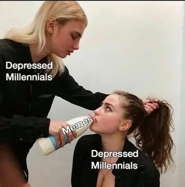 The image depicts two individuals both labeled 'Depressed Millennials.' One person stands, wearing a black shirt, and pours from a milk bottle labeled 'Memes' into the mouth of a seated person with a ponytail, while also gripping the seated person's hair. The scene humorously symbolizes millennials using memes as a coping mechanism or form of emotional sustenance for depression.
