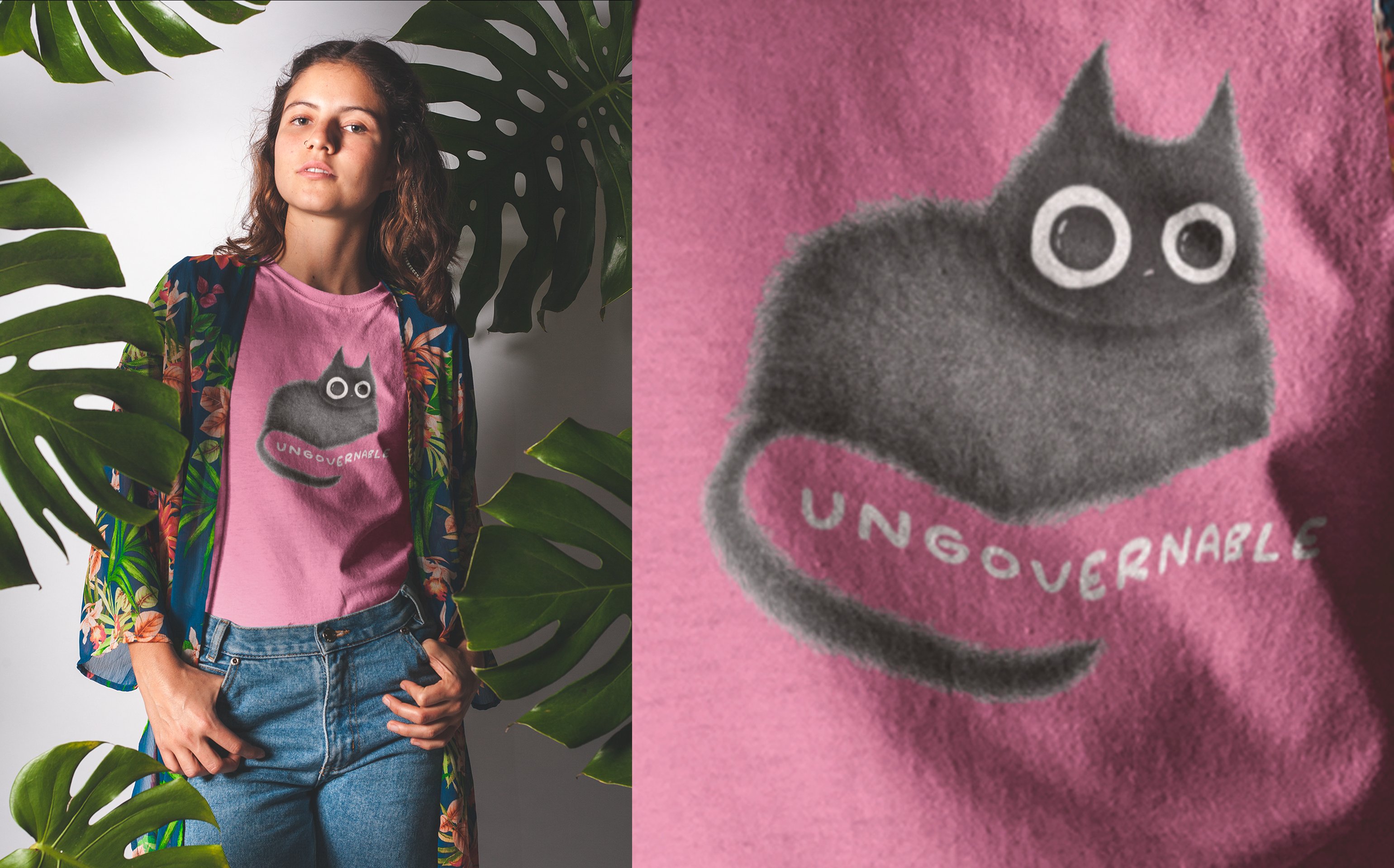 The image consists of two sections. On the left, a person stands surrounded by large green tropical leaves, wearing a pink t-shirt with a black cat graphic and the word 'UNGOVERNABLE' below the cat. They are dressed in blue jeans and a colorful floral-patterned kimono, with hands in pockets and a neutral expression. On the right, a close-up of the t-shirt design shows the black cat with oversized, round eyes and a fuzzy texture, with 'UNGOVERNABLE' written in white beneath it.