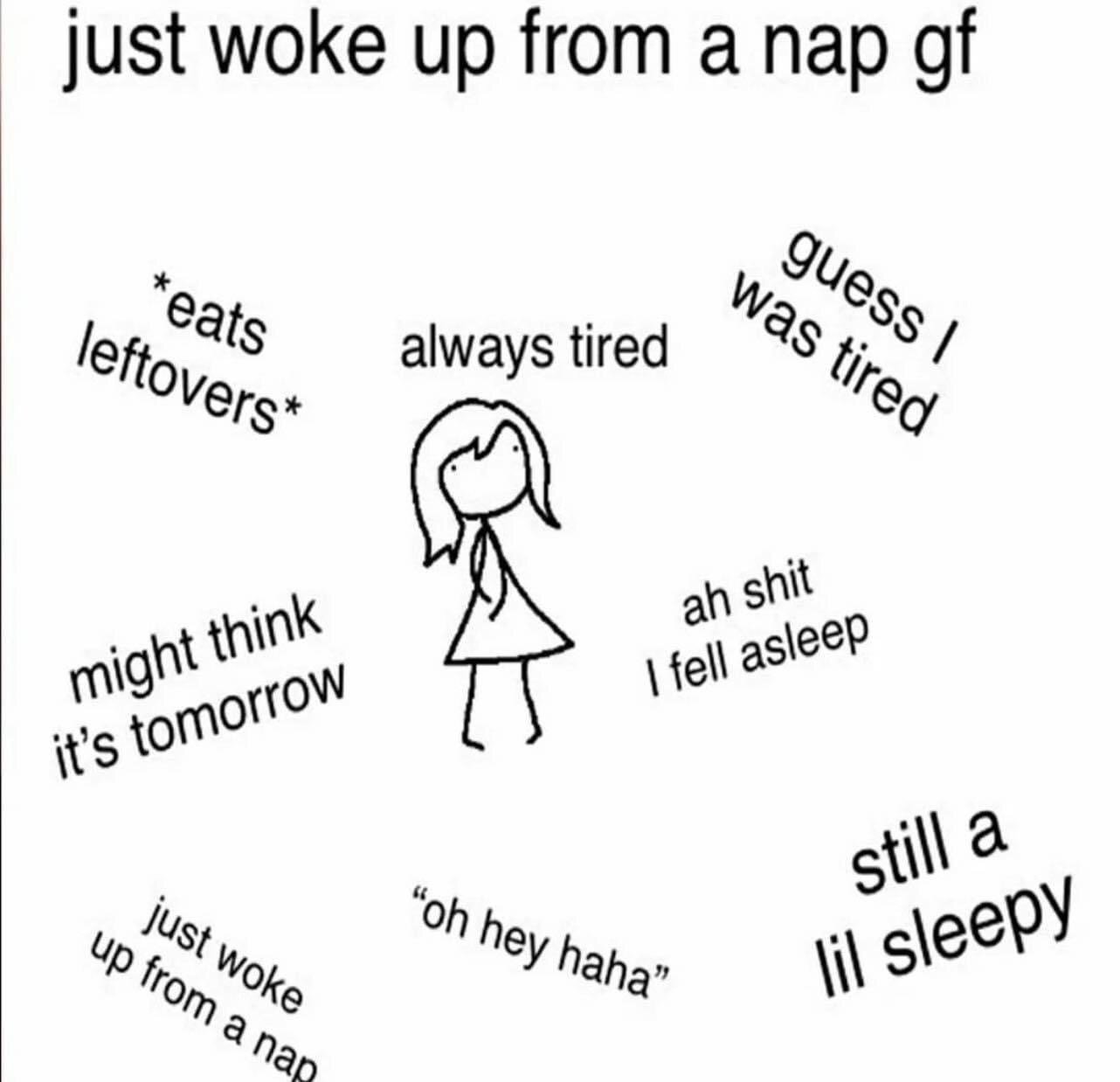 This is a single-panel relatable meme centered on the archetype of a girlfriend who has just woken up from a nap. A simple black-and-white stick drawing of a girl with shoulder-length hair wearing a short dress stands in the middle of the image, surrounded by short text snippets listing common, humorous traits associated with this archetype: she is always tired, eats leftovers after waking, assumes she was tired after napping, may mistakenly think it is the next day after a long nap, curses when she realizes she fell asleep unexpectedly, is still a little sleepy after waking, greets others casually with 'oh hey haha' when she wakes up, and repeatedly references just waking from a nap. The meme is designed to be relatable to people who frequently take long, disorienting naps, or who have partners that exhibit these traits.