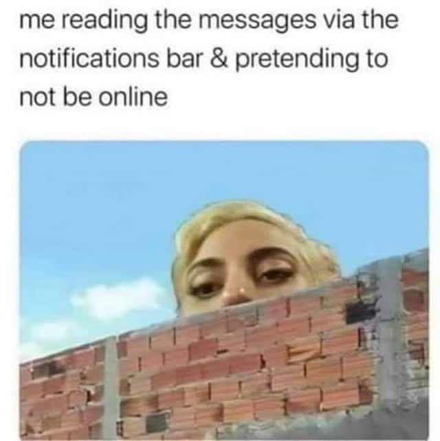 This is a single-panel reaction meme. Text at the top describes the common relatable habit of reading incoming messages through your phone's notification preview bar so you do not have to open the messaging app and appear online to the sender. Below the text, there is a widely recognized photo of singer Lady Gaga peeking over the top of a red brick wall, with only the upper half of her face visible against a blue sky with clouds. This visual perfectly represents the act of secretly viewing a message without revealing you are active on the app.