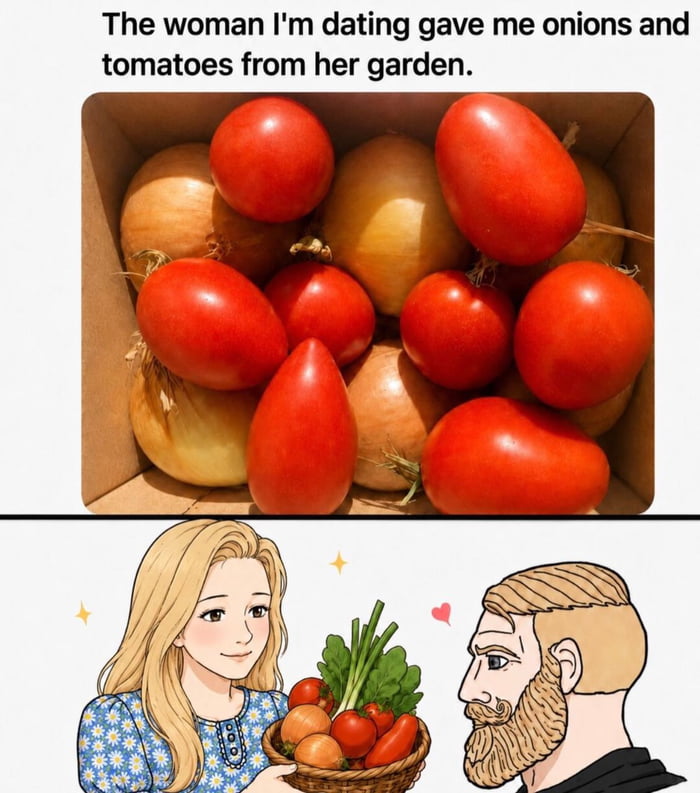 This is a two-panel wholesome meme. The top panel features text that reads 'The woman I'm dating gave me onions and tomatoes from her garden.' positioned above a real photograph of a cardboard box filled with fresh, ripe red tomatoes and yellow onions. The bottom panel is a custom cartoon illustration: a smiling blonde woman wearing a blue daisy-patterned dress holds a wicker basket of the same homegrown produce, offering it to a bearded blonde man. The man looks at the woman fondly, with a small pink heart floating near his head and sparkles around the woman, conveying that he feels deeply touched and happy by this thoughtful, personal romantic gesture.
