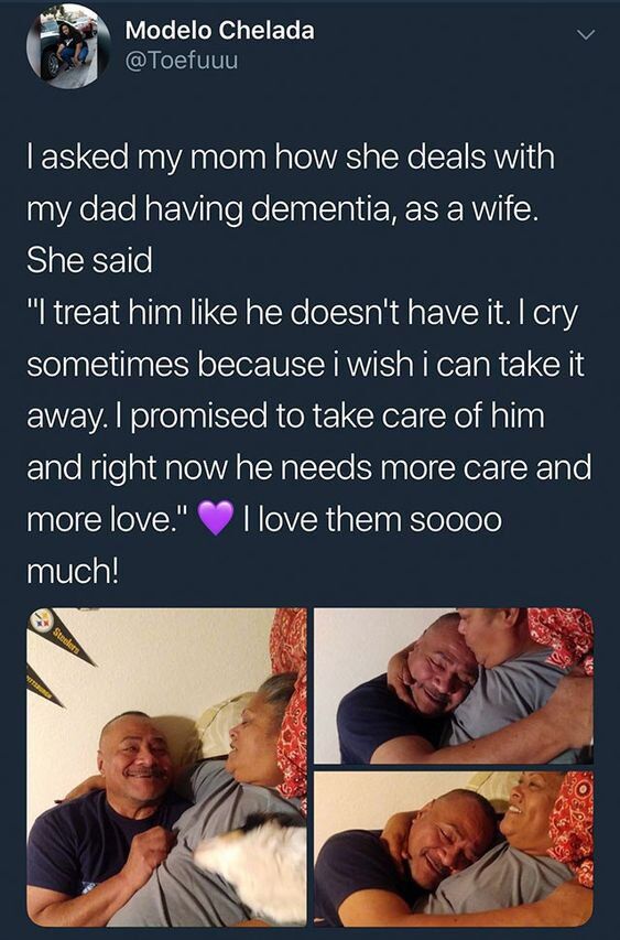 This image is a screenshot of a Twitter/X post sharing a heartfelt personal story. The original poster recounts asking their mother how she copes as a wife caring for her husband (the poster's father) who has dementia. The mother responds that she treats him as if he does not have dementia, cries privately sometimes wishing she could take the illness away, and affirms her promise to care for him, noting he now needs more care and love than ever. The poster ends by saying they love both of their parents very much, paired with a purple heart emoji. Below the text are three candid photos showing the elderly couple cuddling and embracing affectionately, with the father showing warm happy and emotional crying expressions.