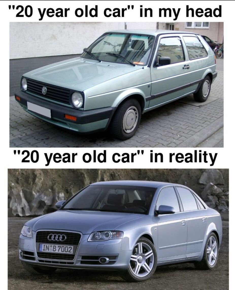 This is a two-panel comparison expectation vs reality meme that jokes about common misperceptions of how old a 20-year-old car actually looks. The top panel, captioned "20 year old car" in my head, shows a clean, retro 1990s Volkswagen Golf that matches most people's mental image of a 20-year-old car: a boxy, clearly older vintage vehicle. The bottom panel, captioned "20 year old car" in reality, shows a modern-styled early 2000s Audi that is actually 20 years old as of the 2020s, and still looks relatively new and contemporary. The joke plays on how people's mental reference for "old cars" is stuck on vehicles from earlier decades, not realizing that cars from the early 2000s are now 20 years old.