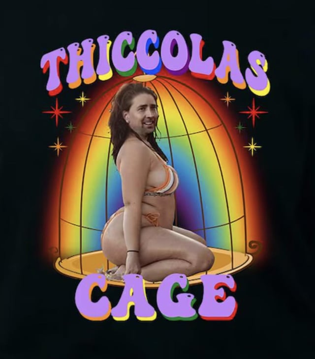 A humorous meme featuring a person in an orange bikini kneeling inside a rainbow-colored birdcage. The top text reads 'THICCOLAS' and the bottom text reads 'CAGE', creating a pun on the actor Nicolas Cage by replacing 'Nic' with 'Thicc' (internet slang for curvy/full-figured). The background includes a gradient rainbow cage with star decorations, enhancing the playful and satirical tone. The person is positioned with a smiling expression, adding to the lighthearted humor of the image.