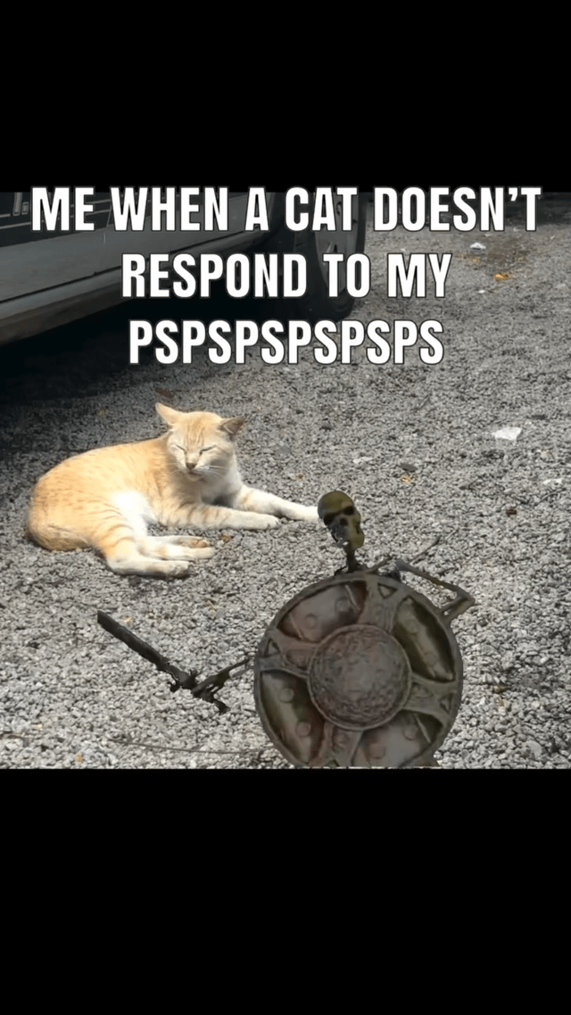 A humorous meme featuring a real orange tabby cat lying relaxed on gravel next to a car tire. The cat has its eyes closed and appears uninterested, with a small rusty mechanical object (possibly debris or a toy) positioned in front of it. The top text overlay in bold white capital letters reads: 'ME WHEN A CAT DOESN’T RESPOND TO MY PSPSPSPSPSPSPS', comically depicting the relatable frustration of a cat ignoring the common 'psspsps' sound used to attract feline attention.