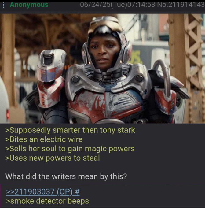 This meme is a screenshot of an anonymous 4chan post featuring a still of Riri Williams / Ironheart, a character from the Marvel Cinematic Universe (MCU). The post uses greentext formatting to list a series of widely panned, contradictory writing choices for the character: she is established to be supposedly smarter than Tony Stark, but proceeds to bite an electric wire, sell her soul to obtain magic powers, and then use those new powers to steal. The original poster asks 'What did the writers mean by this?', followed by a sarcastic punchline reply that reads '>smoke detector beeps', implying the character's nonsensical choices and poor writing are so absurd they would set off a smoke detector, or that the content is of very low quality.