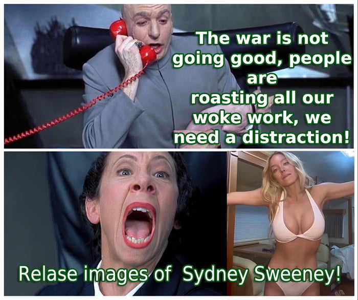 This is a two-panel satirical collage meme. The top panel features Dr. Evil from the Austin Powers film franchise holding a red landline phone with an urgent expression, paired with the text: "The war is not going good, people are roasting all our woke work, we need a distraction!". The bottom left panel shows fellow Austin Powers character Frau Farbissina yelling intensely, next to a candid photo of actress Sydney Sweeney posing in a light pink bikini with her arms extended, with accompanying text (with a typo) reading: "Relase images of Sydney Sweeney!". The joke mocks the common perception that media companies circulate viral attractive celebrity content to draw public attention away from negative backlash against their poorly received "woke" creative projects.