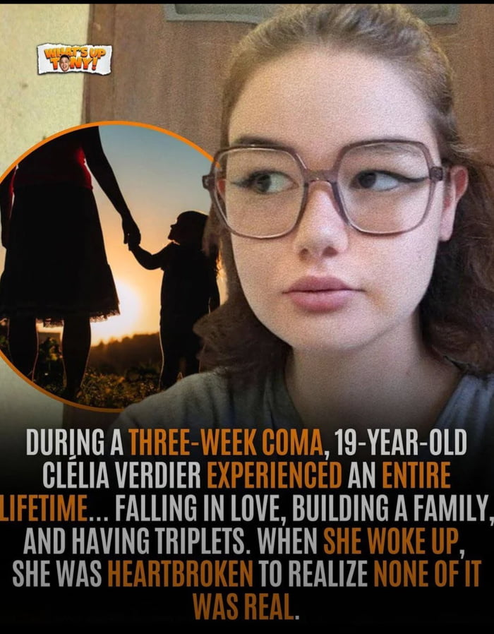 This image is a viral text-overlay post telling the emotional story of 19-year-old Clélia Verdier, who experienced a vivid, complete alternate lifetime during a three-week coma: she fell in love, built a family, and had triplets in her vivid dream. When she woke up from the coma, she was heartbroken to discover none of the life she experienced was real. The post features a photo of Clélia, with an inset circular silhouette image of a couple holding hands at sunset to illustrate her dream relationship, overlaid with the story text. The story is reminiscent of the famous 'the lamp' internet story with the same core premise.