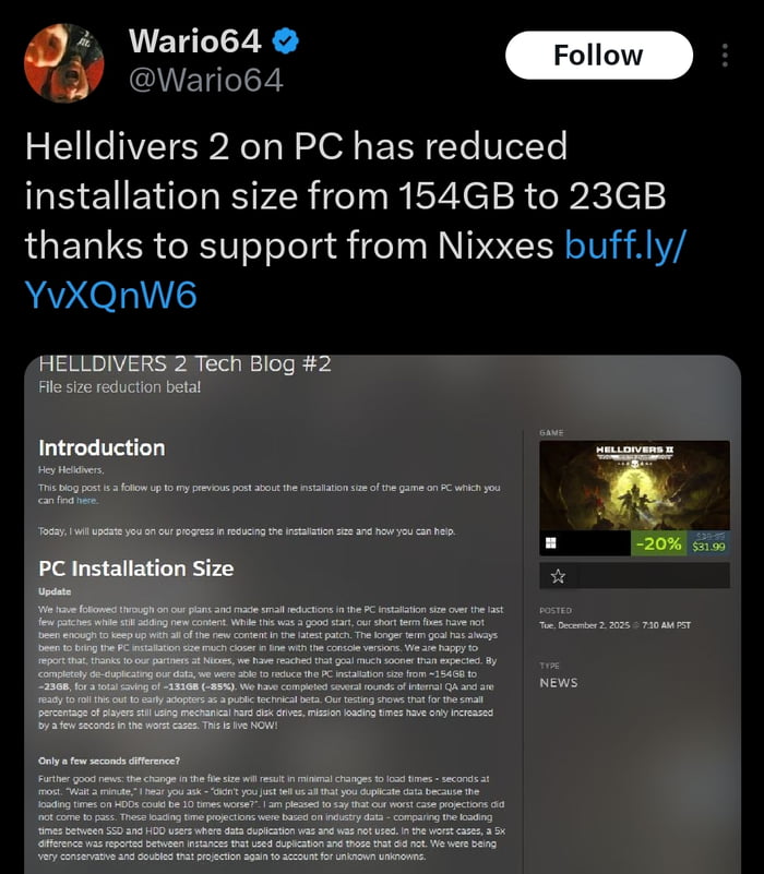 A screenshot combining a Twitter/X post from user Wario64 and a snippet of the Helldivers 2 Tech Blog #2. The tweet announces that Helldivers 2 on PC has reduced its installation size from 154GB to 23GB with support from Nixxes, including a link to buff.ly/YvXQnW6. Below the tweet is a portion of the tech blog titled 'HELLDIVERS 2 Tech Blog #2' with the subheading 'File size reduction beta!', featuring an introduction section discussing the installation size update, technical details of the reduction process, and notes on minimal impact to load times.