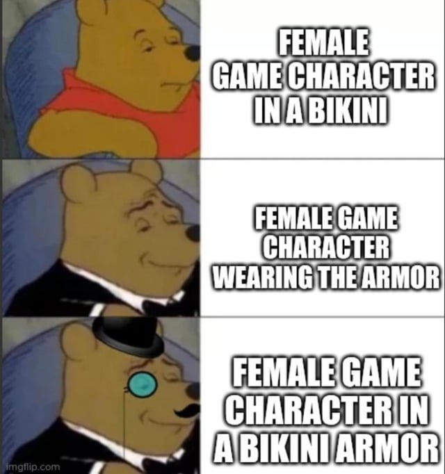 This is a 3-panel vertical reaction meme using the graded preference Tuxedo Winnie the Pooh format. Panel 1 shows regular Winnie the Pooh in his classic red shirt with a neutral unimpressed expression next to text reading 'FEMALE GAME CHARACTER IN A BIKINI', representing a low to moderate level of appeal. Panel 2 shows Pooh in a black tuxedo with a pleased smirk next to text reading 'FEMALE GAME CHARACTER WEARING THE ARMOR', representing higher approval. Panel 3 shows Pooh in a tuxedo, top hat, monocle and fake mustache with a very smug satisfied expression next to text reading 'FEMALE GAME CHARACTER IN A BIKINI ARMOR', framing this absurd combination of revealing swimwear and protective armor as the ideal, most preferred design for female game characters, as a joke about common gaming community preferences and questionable character design choices in many video games that prioritize sexual appeal over practicality.