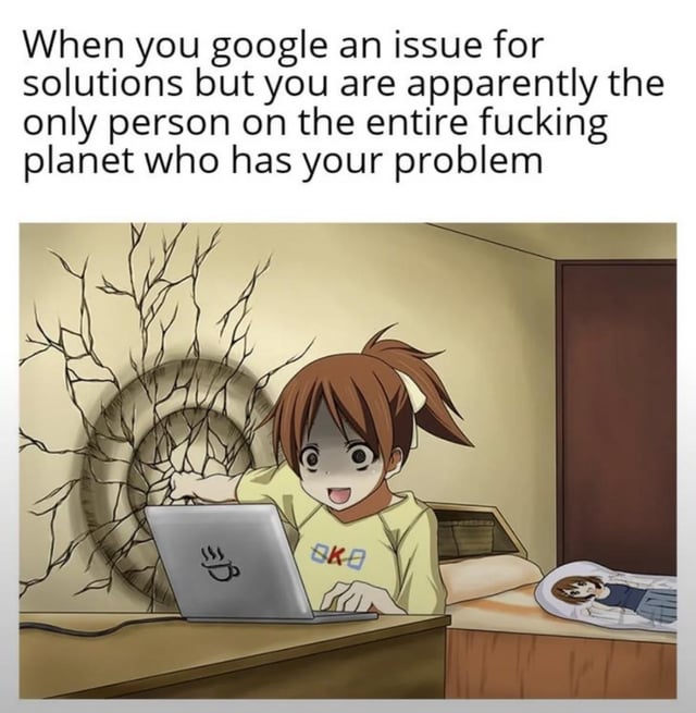 A meme featuring a top text overlay that reads: 'When you google an issue for solutions but you are apparently the only person on the entire fucking planet who has your problem'. Below the text is an animated scene of a young girl with brown hair tied in a ponytail, wearing a yellow shirt with 'OK' printed on it. She is sitting at a desk, pointing at a laptop with a coffee cup sticker. Behind her, the wall has a large, circular cracked pattern resembling damage or a portal. To her right, there is a small bed with a plush toy. The girl's expression appears shocked or frustrated, emphasizing the relatable experience of searching for solutions online and finding none.