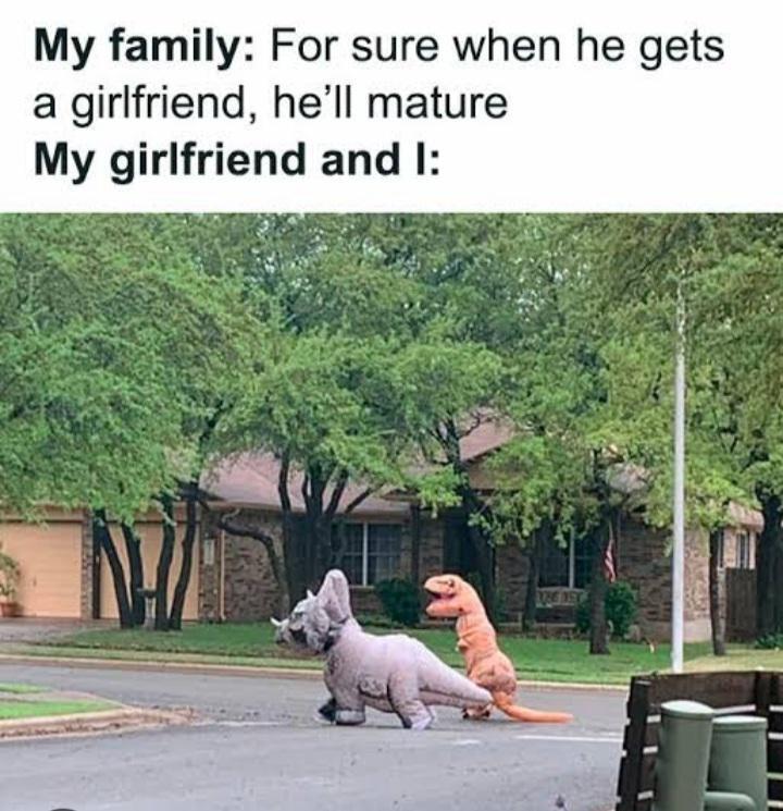 This relatable funny meme opens with text explaining that the poster's family assumed he would mature emotionally once he got a girlfriend. The image below shows how the poster and his girlfriend actually are: two people in large inflatable dinosaur costumes (one gray triceratops, one orange T-Rex) walking across a suburban residential street, with the T-Rex positioned in a playful suggestive humping pose behind the triceratops. This visual drives home the joke that the couple still acts silly and immature, just like before they started dating.