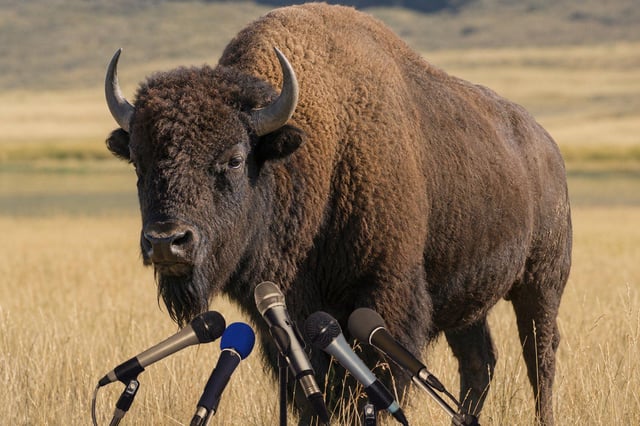 The meme features a large American bison standing in an open dry grassy plain, with a serious, unamused expression as it faces the viewer. Multiple professional press conference microphones are edited to be positioned directly in front of the bison, mimicking the setup of an official press briefing. Paired with the text stating the bison will not take any further questions and that whatever happened is in the past, the joke implies the bison was responsible for some chaotic or questionable recent event and is refusing to elaborate or address criticism for it. The humor comes from the absurdity of a wild animal holding a formal press conference, and the relatable sentiment of wanting to drop a topic without explaining yourself.