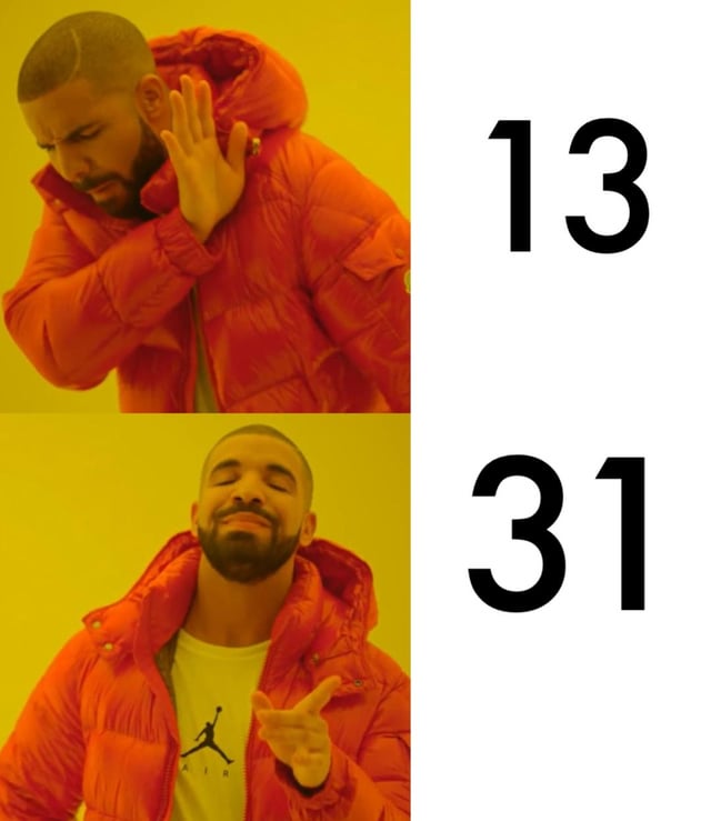A two-panel meme utilizing the popular 'Drake Hotline Bling' reaction format. The top panel displays Drake, wearing a red puffer jacket against a yellow background, with a displeased expression—his hand raised near his face as if rejecting something—accompanied by the number '13'. The bottom panel shows Drake in the same outfit, now smiling and pointing with a content expression, next to the number '31'. The meme humorously suggests tattoo artists' preference for the number 31 over 13, likely referencing common tattoo designs or client requests.