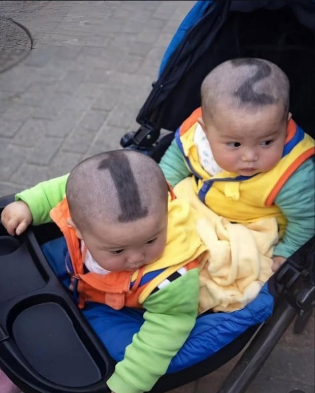 This is a humorous real-life photograph showing two identical infant twin boys sitting together in a double baby stroller. To avoid mixing the twins up, their father literally numbered them by shaving the numbers 1 and 2 directly into the boys' remaining hair: the front twin has a number 1 shape on his head, while the back twin has a number 2 shape. It is a practical, silly solution to the common problem of telling identical twins apart.