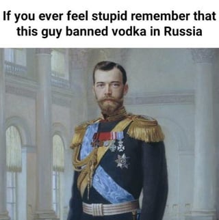 This is a humorous historical meme that uses a formal official portrait of Tsar Nicholas II, the last emperor of the Russian Empire, who is posed in full decorated military royal regalia with a neutral, serious expression. Overlaid text at the top of the image reads 'If you ever feel stupid remember that this guy banned vodka in Russia', mocking the widely criticized 1914 vodka prohibition policy implemented under Nicholas II's rule. The policy was extremely unpopular with the Russian public given vodka's central role in Russian culture, and is widely viewed as a short-sighted, foolish political decision that contributed to public discontent with his administration.