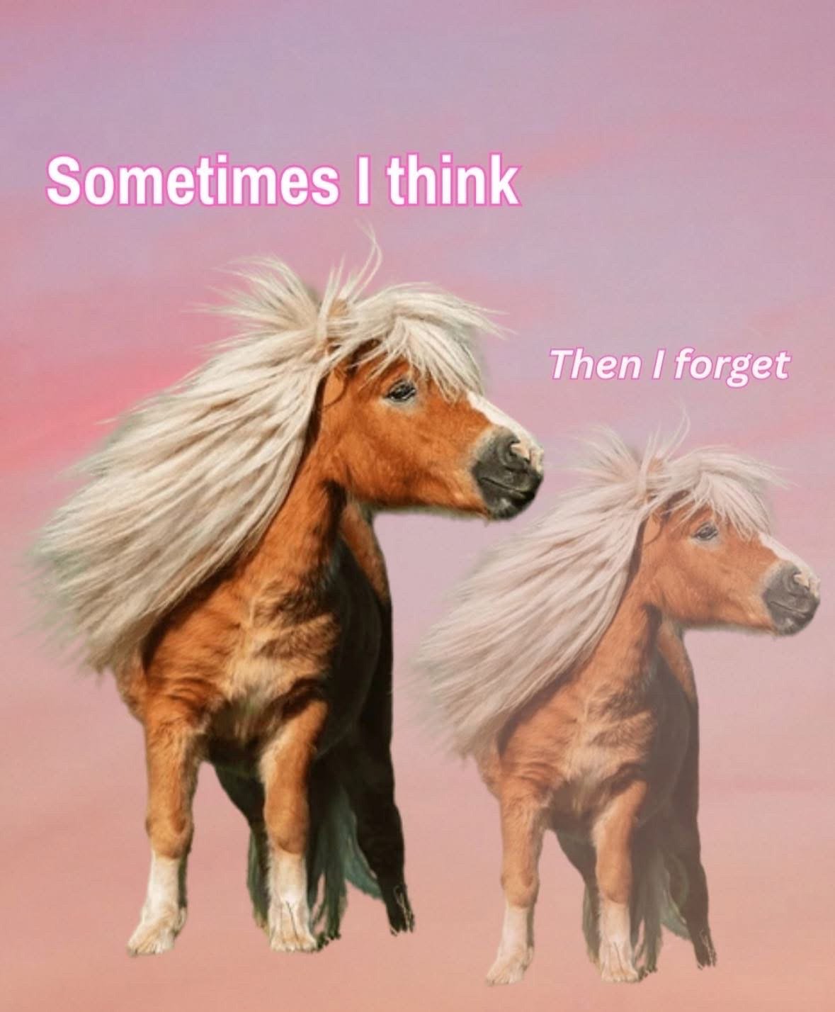 The meme is set against a soft pastel pink-to-purple gradient background. It features two Shetland ponies with messy, windswept pale blonde manes: the left pony is fully opaque with a dazed, slightly smug, vacant expression, with pink text reading 'Sometimes I think' placed above it. The right pony is a faded, semi-transparent duplicate of the first, with an equally blank expression, paired with the text 'Then I forget' positioned next to it. The visual joke humorously illustrates relatable experiences of short-term memory loss, brain fog, or absentmindedness, where a person has a thought briefly before it immediately slips their mind, represented by the fading pony visually matching the loss of the thought.