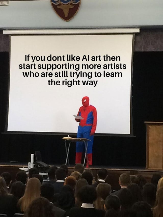A person dressed in a Spider-Man costume stands on a stage in a lecture hall, holding a piece of paper and presenting to an audience. Behind them, a large projector screen displays the text: 'If you dont like AI art then start supporting more artists who are still trying to learn the right way'. The setting includes seated audience members and a shield-shaped emblem mounted above the projector screen, combining a humorous pop culture reference (Spider-Man) with an advocacy message for supporting emerging artists amid debates about AI-generated art.