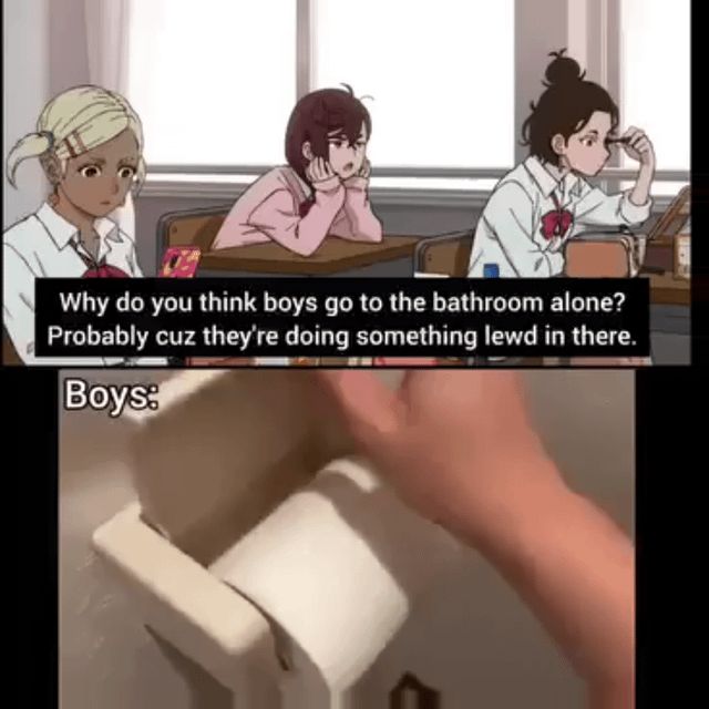 A two-panel meme contrasting girls' assumptions about why boys go to the bathroom alone versus the mundane reality. The top panel shows three animated girls in a classroom with a dialogue bubble suggesting boys might be doing something 'lewd,' while the bottom panel shows a hand reaching for toilet paper with the caption 'Boys:' implying the real reason is something ordinary and innocent.