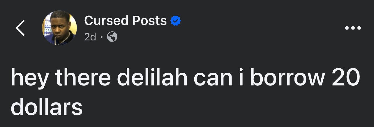 This is a dark mode screenshot of a public X (formerly Twitter) post. The post is published by the verified account "Cursed Posts", whose profile picture features a popular unimpressed, skeptical Black man reaction image. The text of the post reads "hey there delilah can i borrow 20 dollars", which is a humorous pun modifying the opening line of the famous 2006 romantic pop song "Hey There Delilah" by Plain White T's, replacing the expected heartfelt lyrics with a silly, mundane request to borrow money. The juxtaposition of the iconic song line with the casual, unexpected request, paired with the unimpressed profile picture, creates the comedic effect of the meme.